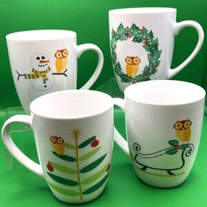Rachel Ray Holiday Hoot Owl Mugs Set of 4 Winter Christmas Coffee Hot Cocoa 12oz